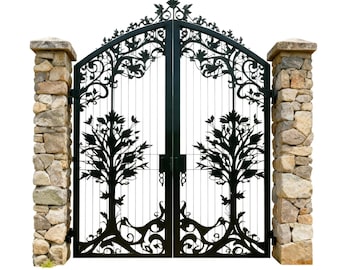 Twinroot Harmony – Wrought Iron Gate with Stylized Tree Panels & Leaf Scroll Arch Model # 126E