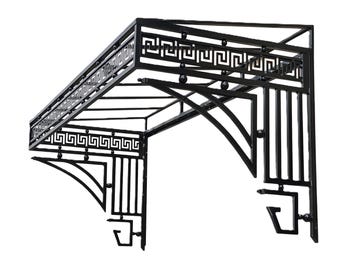 Greek Key Wrought Iron & Glass Architectural Canopy – Classical Geometric Border Awning - Made in Canada - Model # WA906E