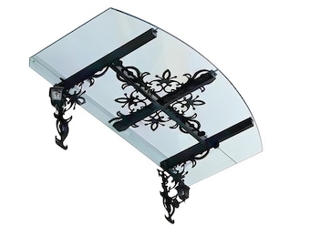 Curved Glass Wrought Iron Lantern‑Lit Entrance Canopy – Floral Scrollwork Decorative Awning - Made in Canada - Model # WA911E