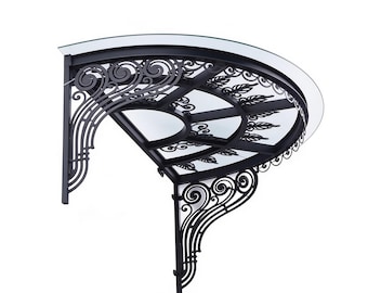 Semi‑Circular Glass & Wrought Iron Scrollwork Outdoor Entrance Awning – Decorative Curved Canopy - Made in Canada - Model # WA908E