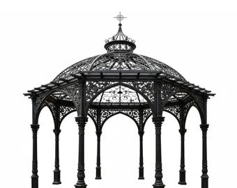Pergola ornementale de style gothique en acier avec arches en ogive et toit en dôme à volutes | Modèle FS108E