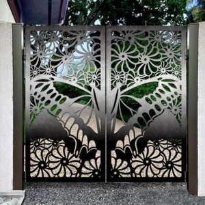 Stunning Laser Cut Artistic Butterfly Design Iron Garden Gate| Modern Fabrication Metal Pool Gate | Made in Canada – Model # 766E