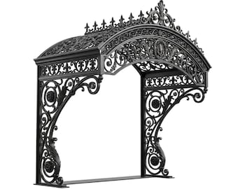 Imperial Wrought forged iron Filigree Archway Canopy – Floral Medallion & Finial Entrance Structure - Made in Canada - Model # WA903E