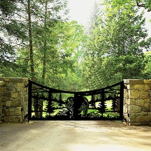 Laser Cut Forest Design Entry Gates | Custom Bear Print Metal Driveway Gate | Made In Canada – Model # 863E
