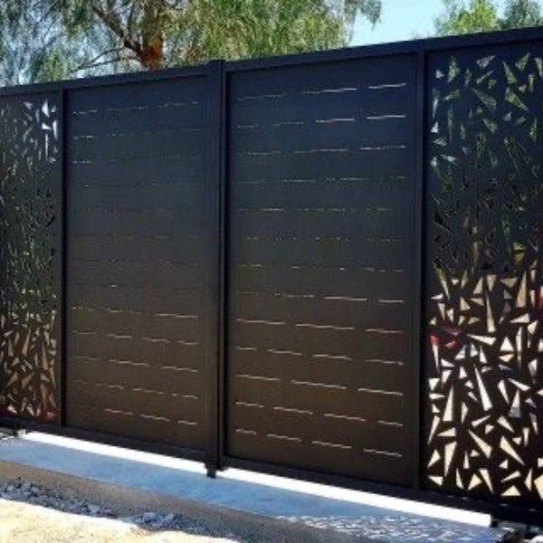 Custom Fabrication Side Panel Geometric Design Entrance Gate | Solid Metal Driveway Gate– Made In Canada – Model # 058E