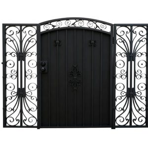 Floracrest Passage – Ornamental triple-panel wrought iron man door with central floral medallion and scrollwork side wings Model # 497E