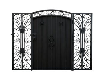 Floracrest Passage – Ornamental triple-panel wrought iron man door with central floral medallion and scrollwork side wings Model # 497E