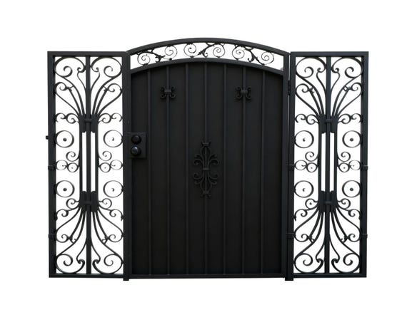 Floracrest Passage – Ornamental Triple-panel Wrought Iron Man Door