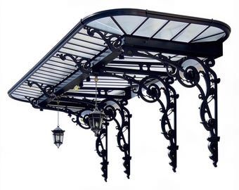 Parisian Wrought Iron & Glass Grand Entrance Canopy – Luxury Hotel‑Style Lantern Awning - Made in Canada - Model # WA909E