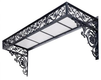 Ornate Wrought Iron & Frosted Panel Outdoor Awning – Decorative Luxury Door Canopy Made in Canada - Model # WA895E