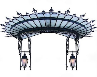 Arched Glass & Wrought Iron Lantern Entrance Canopy – Heavy Scrollwork Luxury Door Awning - Made in Canada - Model # WA907E