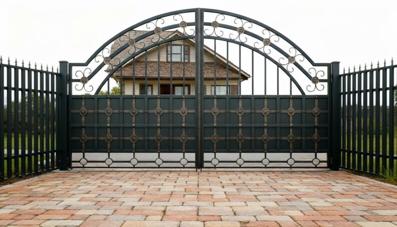 Stonegrid Crest – Wrought Iron Gate With Circular Accents & Rustic ...