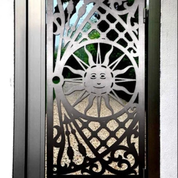 Gorgeous Laser Cut Artistic Sun Design Metal Garden Gate | Modern Fabrication Metal Back Yard Gate | Made in Canada – Model # 791E