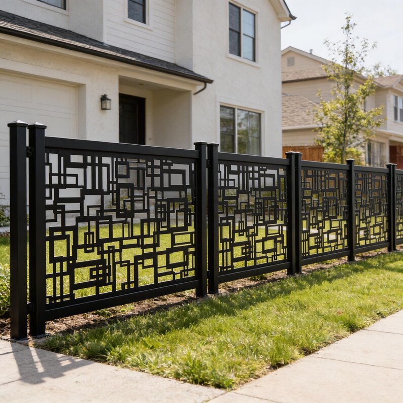 Fence Grid Pattern Modern Geometric Grid Plasma‑cut Steel Fence Panel | Contemporary ...