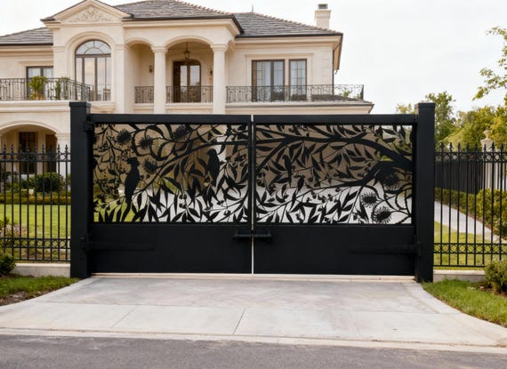 Plasma-cut Steel Driveway Gate Botanical & Bird Design | Made in ...