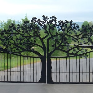 Oak Tree Cut-Out Driveway Gate| Custom Fabricated Dual Swing Entrance Gate – Made In Canada -Model # 053E