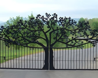 Oak Tree Cut-Out Driveway Gate| Custom Fabricated Dual Swing Entrance Gate – Made In Canada -Model # 053E