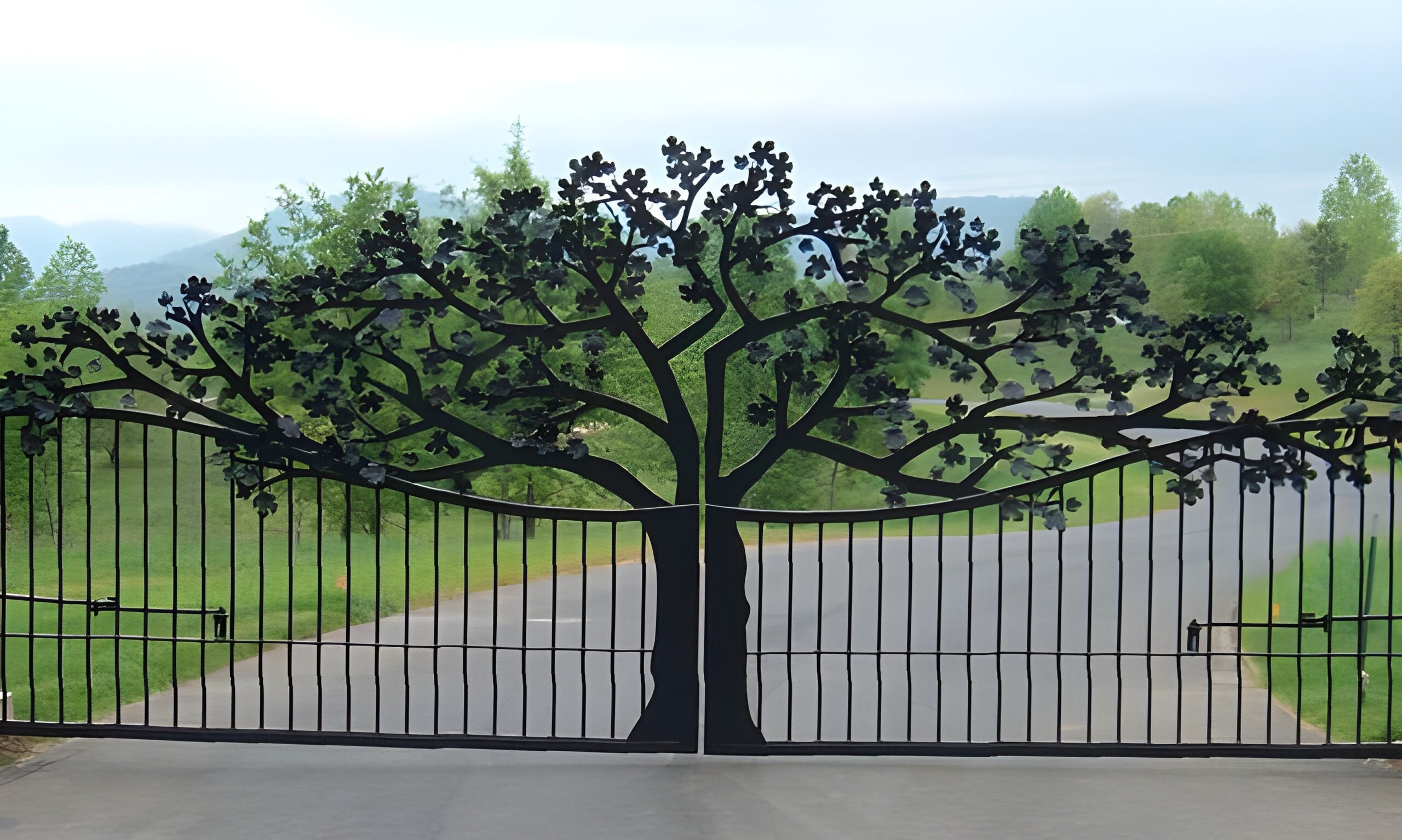 Oak Tree Cut-out Driveway Gate Custom Fabricated Dual Swing Entrance ...