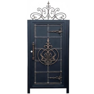 Emblemveil Passage – Ornamental wrought iron man door with bronze crest work, scroll accents, and regal arch silhouette Model # 714E