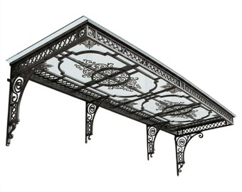 Ornate Wrought Iron & Polycarbonate Outdoor Awning – Luxury Decorative Door Canopy Made in Canada - Model # WA896E