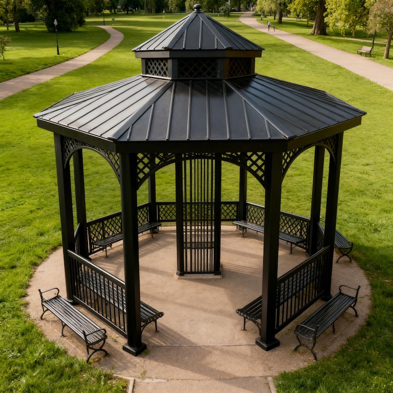Octagonal Railing Octagon Two‑tier Decorative Steel Gazebo With Lattice Railing & Finial ...