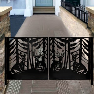 Unique Laser Cut Wildlife Deer Design Metal Yard Gate | Custom Fabrication Wrought Iron Back Yard Gate | Made in Canada– Model # 272E