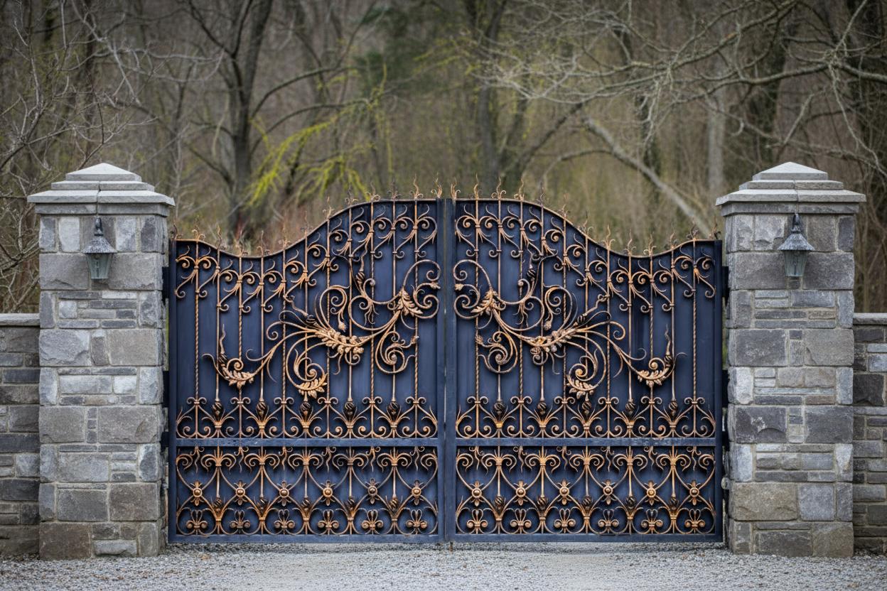 Gilded Fleur – Bronze-accented Scrollwork Wrought Iron Driveway