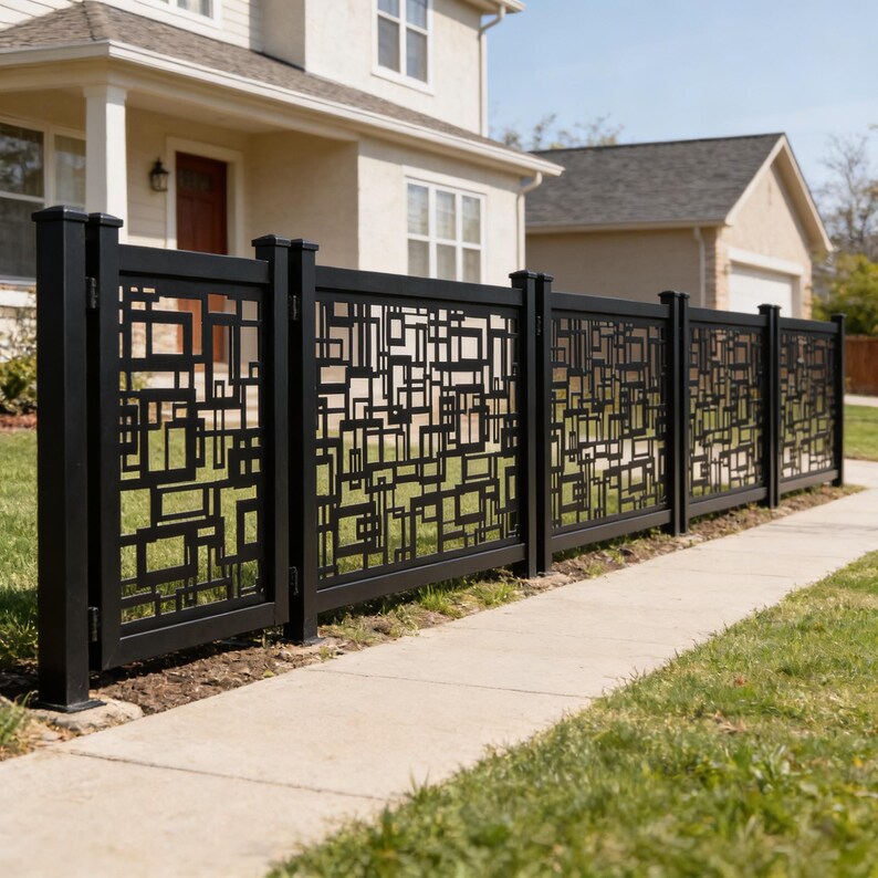 Fence Grid Pattern Modern Geometric Grid Plasma‑cut Steel Fence Panel | Contemporary ...
