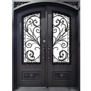 Arched Hand-Forged Wrought Iron Double Door with Floral Scroll Motif with kickplate Model # IWD1104E