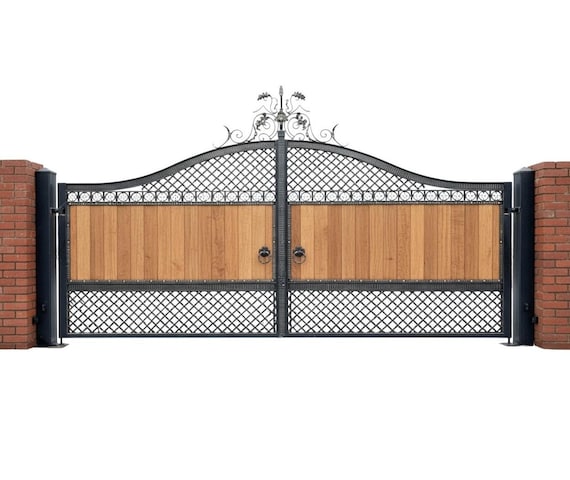 Timberlace Haven – Wrought Iron & Wood Gate With Floral Scroll