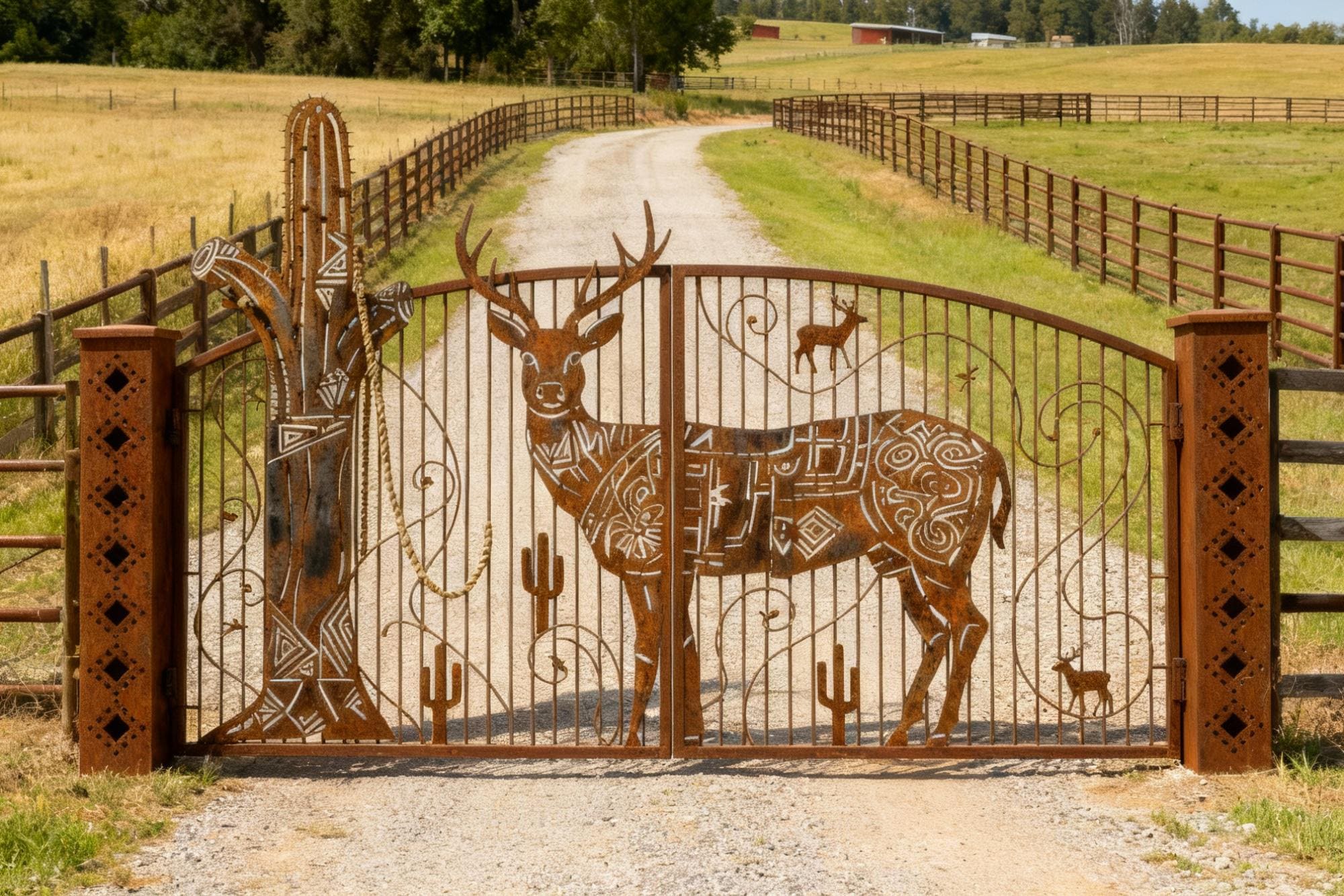 Desert Sentinel – Wrought Iron Gate With Geometric Deer & Cactus