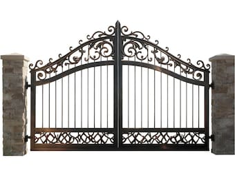 Scroll-veil Estate Gate – Ornate Wrought Iron Gate with Interwoven Base & Classical Arch Model # 171E
