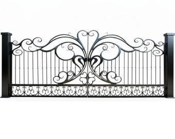 Heart wing Elan – Scroll & Floral Wrought Iron Gate with Black Pillars Model # 202E
