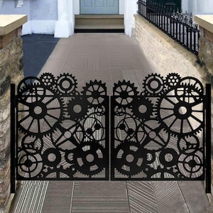 Unique Laser Cut Gear Design Metal Pool Gate| Modern Fabrication Metal Garden Gate | Made in Canada – Model # 044E