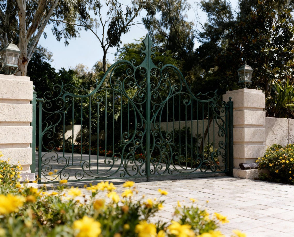 Scroll Spire Crest – Wrought Iron Gate With Central Finial & Ornamental ...