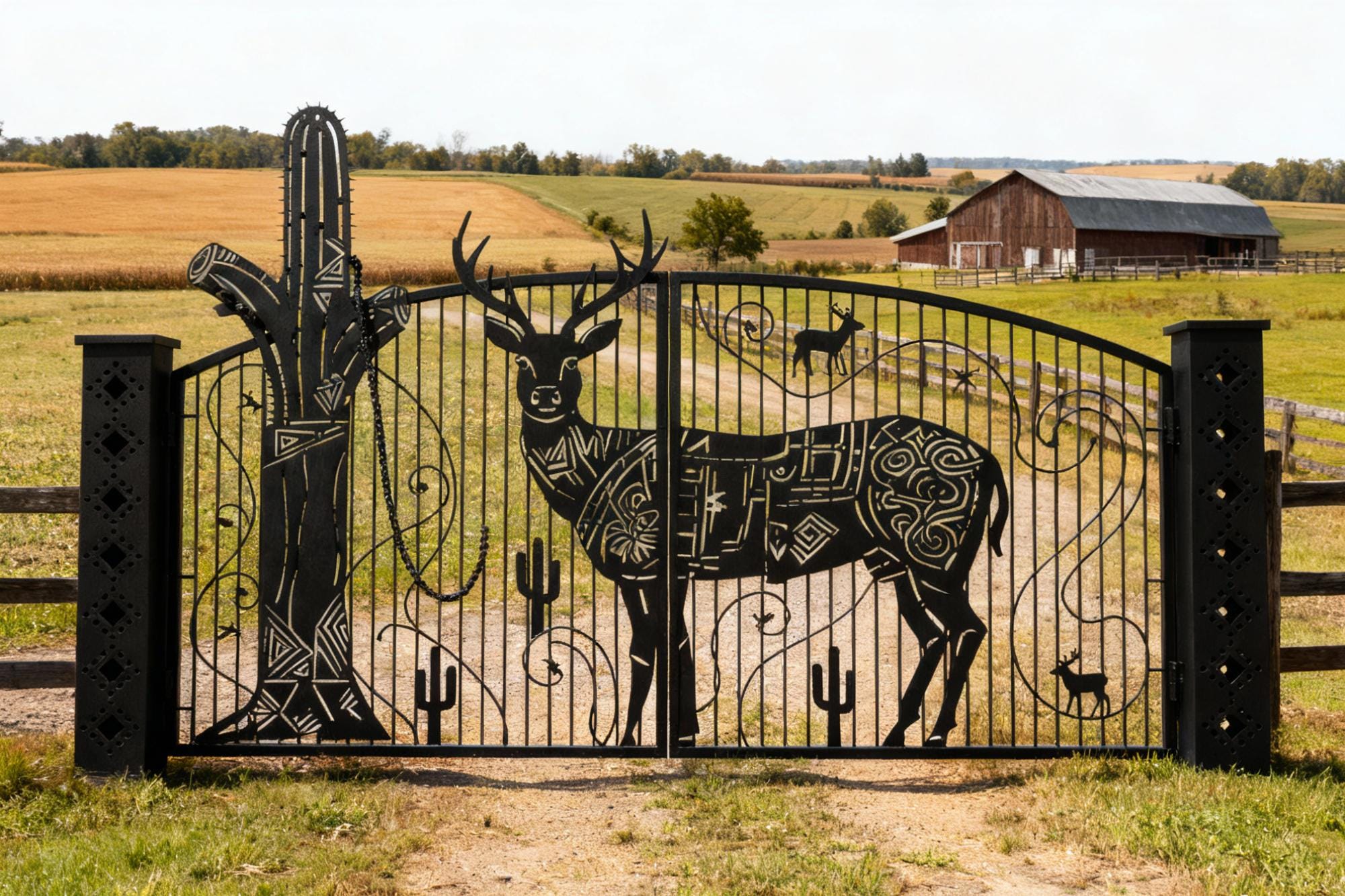 Desert Sentinel – Wrought Iron Gate With Geometric Deer & Cactus