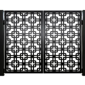 Crossveil Passage – Ornamental metal man door with interlocking square lattice,  geometric crown Model # 779E