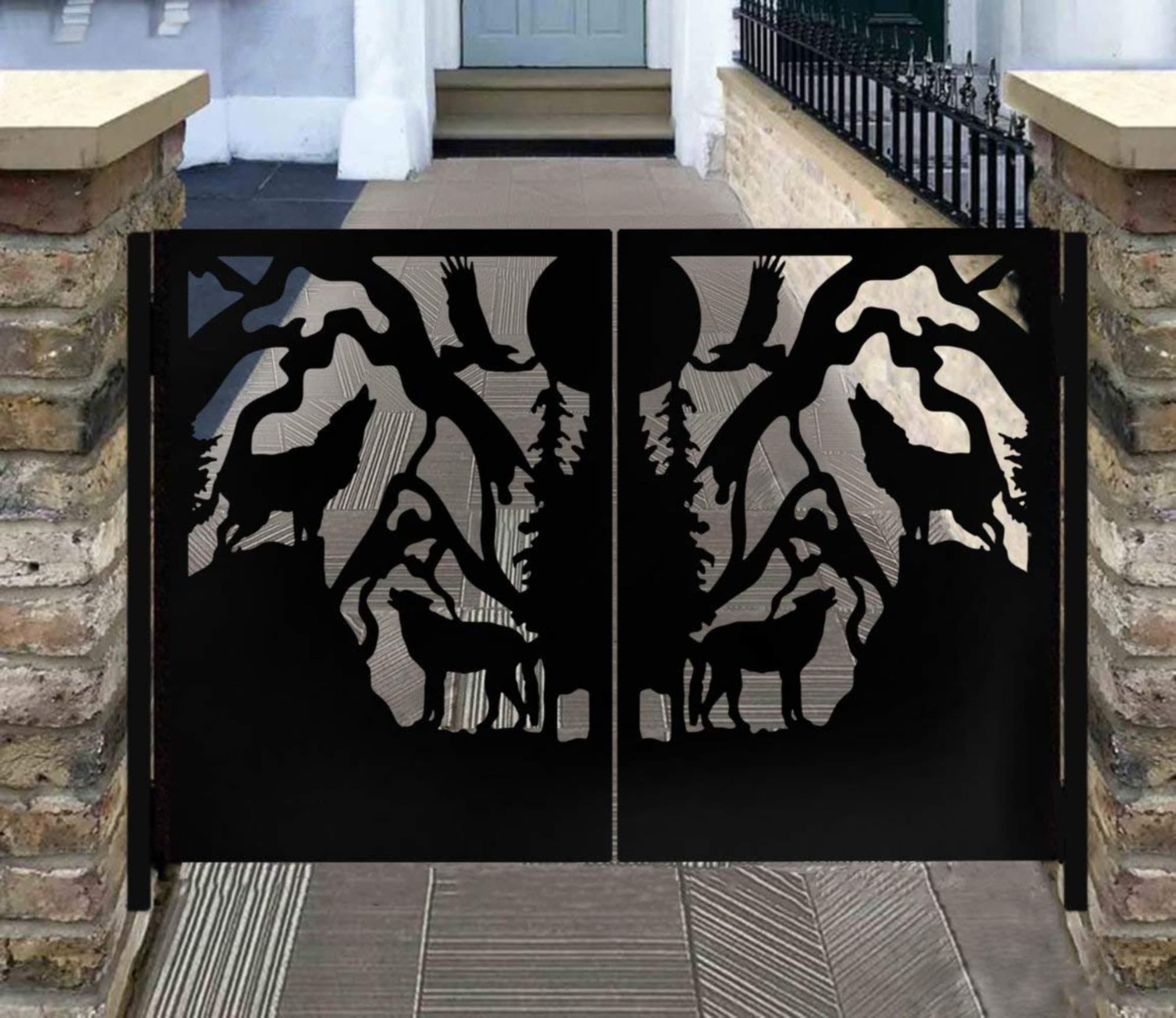3D Laser Cut Wolf Design Metal Garden Gate | Custom Fabrication Metal Back Yard Gate | Made in Canada – Model # 297E