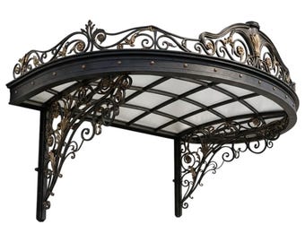 Ornate Wrought Iron & Translucent Panel Outdoor Canopy – Luxury Decorative Entrance Cover Made in Canada - Model # WA900E