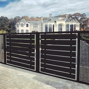 Stylish Mesh Metal Solid Strip Pattern Entry Gate | Custom Fabrication Heavy Duty Driveway Gate| Made in Canada– Model # 159E