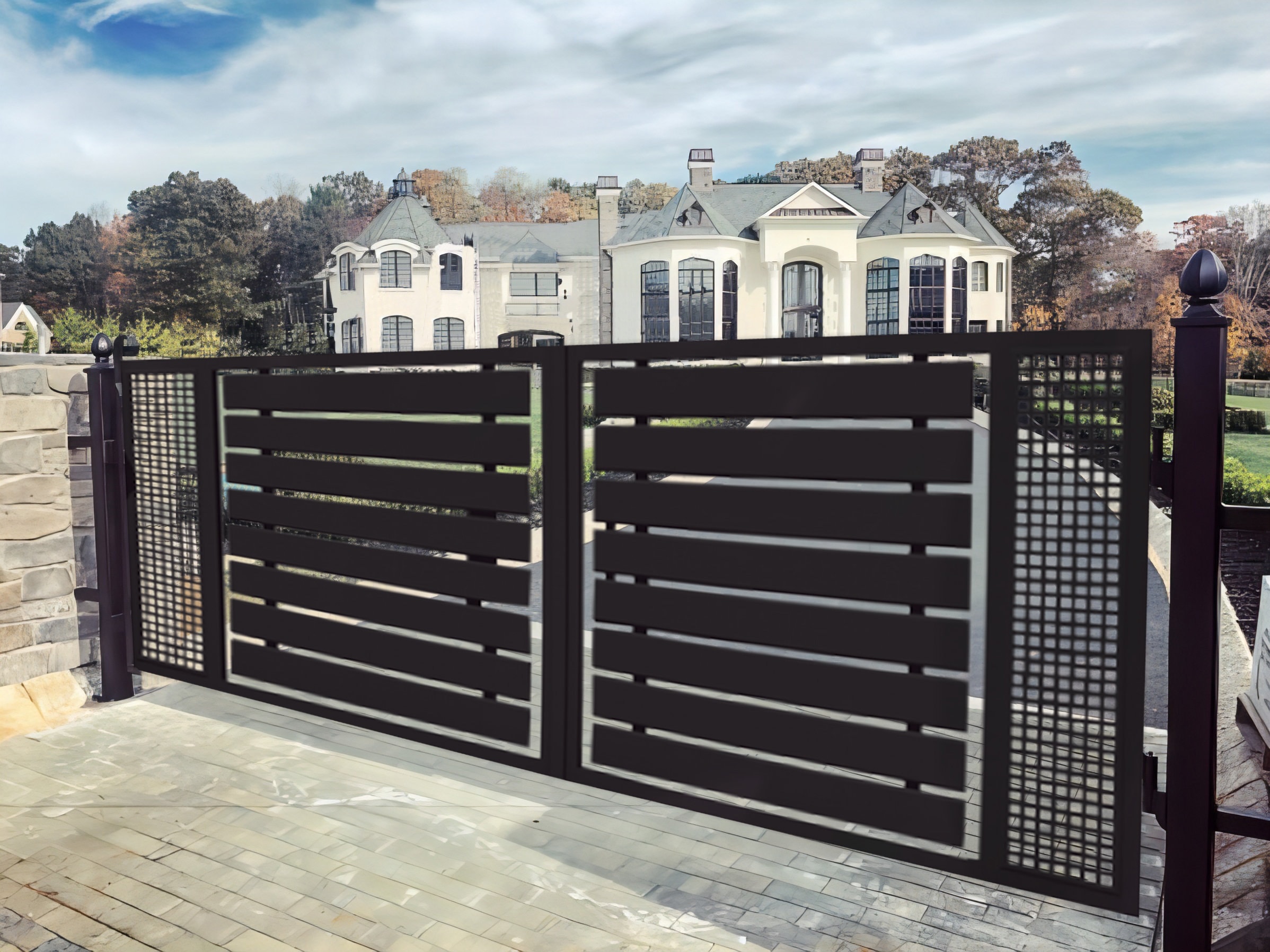 Stylish Mesh Metal Solid Strip Pattern Entry Gate Custom Fabrication Heavy Duty Driveway Gate Made in Canada Model 159E