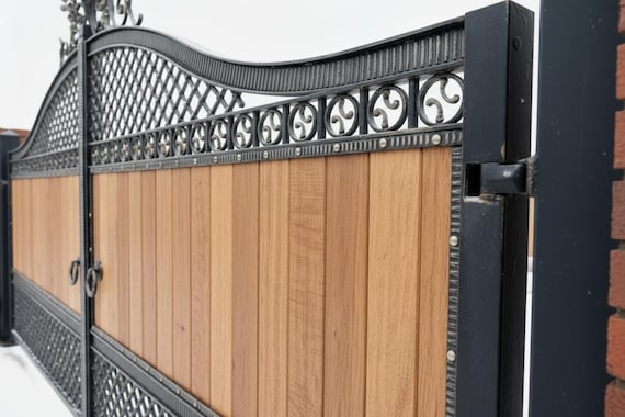 Timberlace Haven – Wrought Iron & Wood Gate With Floral Scroll