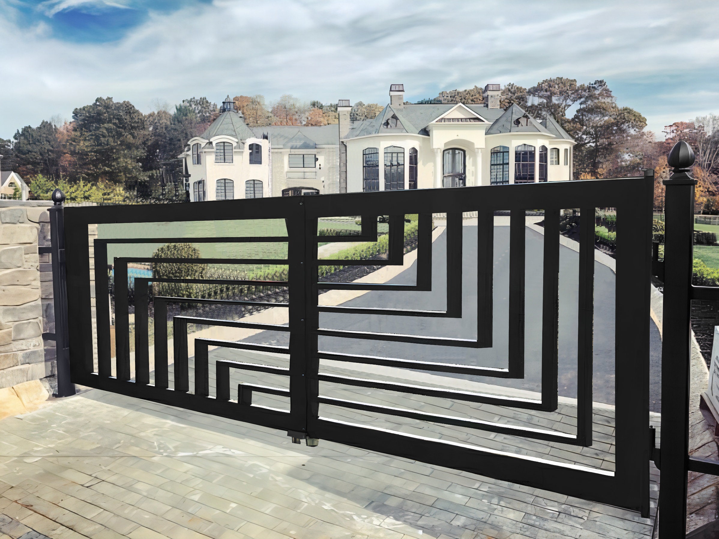 Unique Geometric Design Metal Driveway Gate Custom Metal