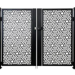 Tessellux Passage – Ornamental metal man door with interlocking angular lattice and mirrored optical geometry Model # 810E