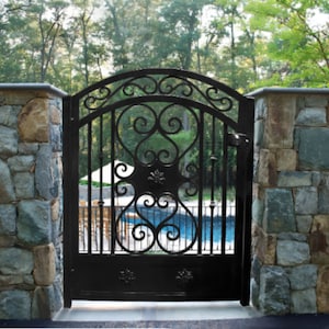 Modern Laser cut Intricate Doodle Design Metal Pool Gate | Custom Fabrication Metal Yard Side Gate | Made in Canada – Model # 310E