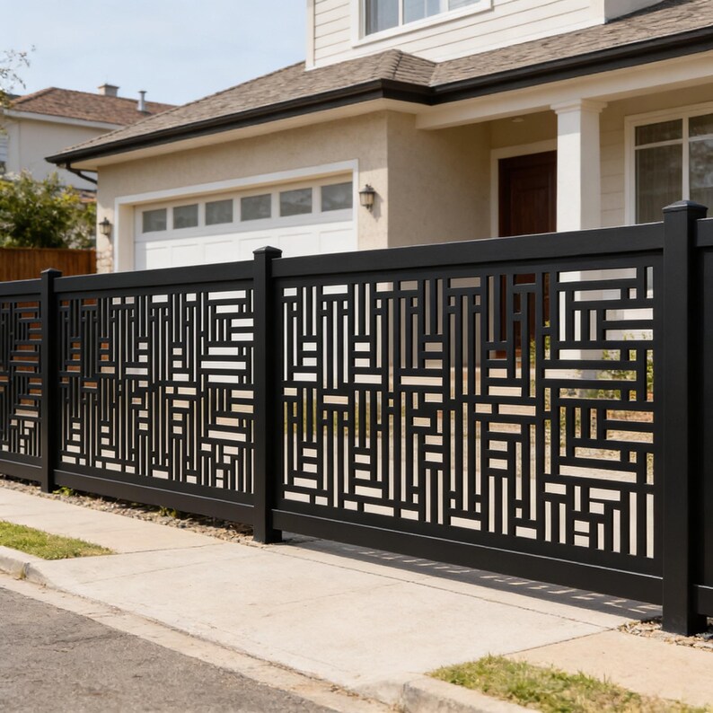 Fence Grid Pattern Modern Rectangular Grid Pattern Plasma‑cut Steel Fence Panel ...