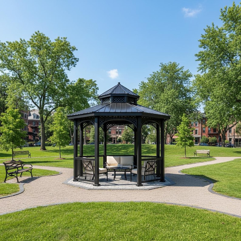 Octagonal Railing Octagon Two‑tier Decorative Steel Gazebo With Lattice Railing & Finial ...