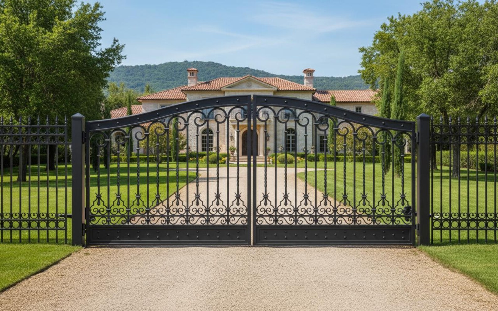 Crest Gate Rvt Rivet Bloom Crest – Wrought Iron Gate With Floral Scrollwork & Arched ...