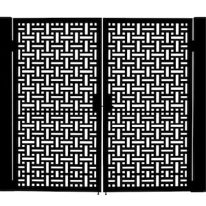 Weave crest Passage – Ornamental metal man door with interlocking rectangular lattice and symmetrical twin-panel layout Model # 813E