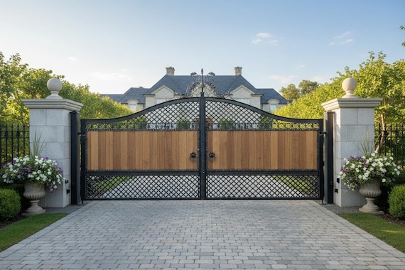 Timberlace Haven – Wrought Iron & Wood Gate With Floral Scroll